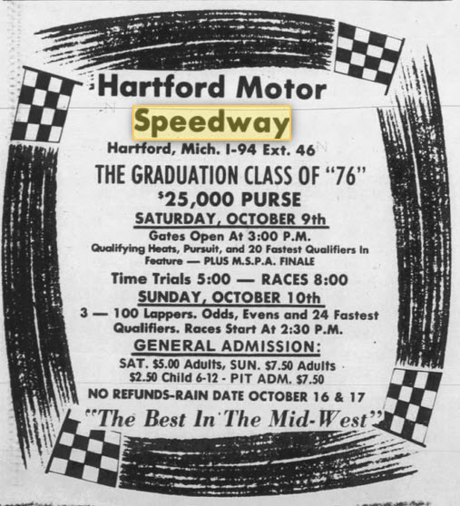 Hartford Speedway Park - Oct 7 1976 Ad